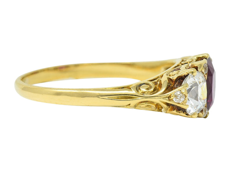 Victorian 2.70 CTW No Heat Burma Ruby Diamond 18 Karat Yellow Gold Ring GIA