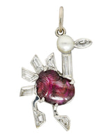 Art Deco Pearl 2.00 CTW Carved Ruby Diamond Platinum Turkey Bird Vintage Charm Wilson's Estate Jewelry