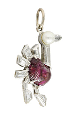 Art Deco Pearl 2.00 CTW Carved Ruby Diamond Platinum Turkey Bird Vintage Charm Wilson's Estate Jewelry