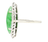 Art Deco Jade Cabochon Diamond 14 Karat White Gold Navette Vintage Cluster Ring Wilson's Estate Jewelry