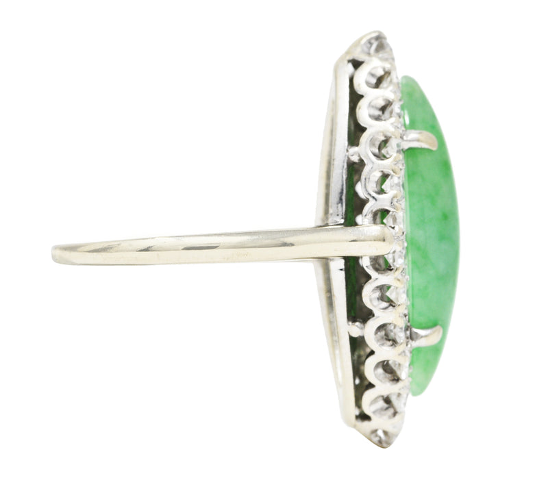 Art Deco Jade Cabochon Diamond 14 Karat White Gold Navette Vintage Cluster Ring Wilson's Estate Jewelry