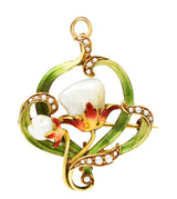 Bippart & Co. Art Nouveau Pearl Enamel 14 Karat Gold Floral Pendant BroochBrooch - Wilson's Estate Jewelry
