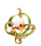 Bippart & Co. Art Nouveau Pearl Enamel 14 Karat Gold Floral Pendant BroochBrooch - Wilson's Estate Jewelry