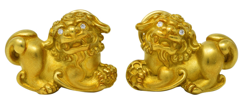 2002 Kieselstein-Cord Diamond 18 Karat Yellow Gold Foo Dog Ear-Clip Earrings Wilson's Estate Jewelry