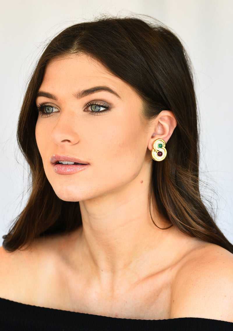 David Webb Vintage Diamond Emerald Ruby Platinum 18 Karat Yellow Gold Ear-Clip Earrings Wilson's Estate Jewelry