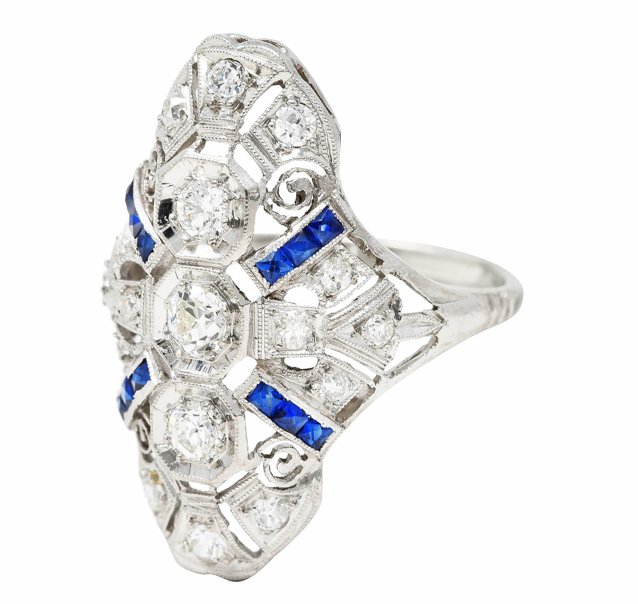 1930's Art Deco 1.25 CTW Diamond Sapphire Platinum Dinner Ring Wilson's Estate Jewelry