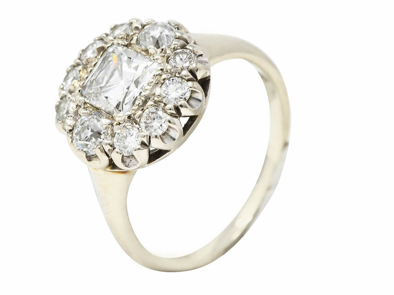 Retro 1.50 CTW Old Mine Cut Diamond 14 Karat White Gold Vintage Cluster Engagement Ring Wilson's Estate Jewelry