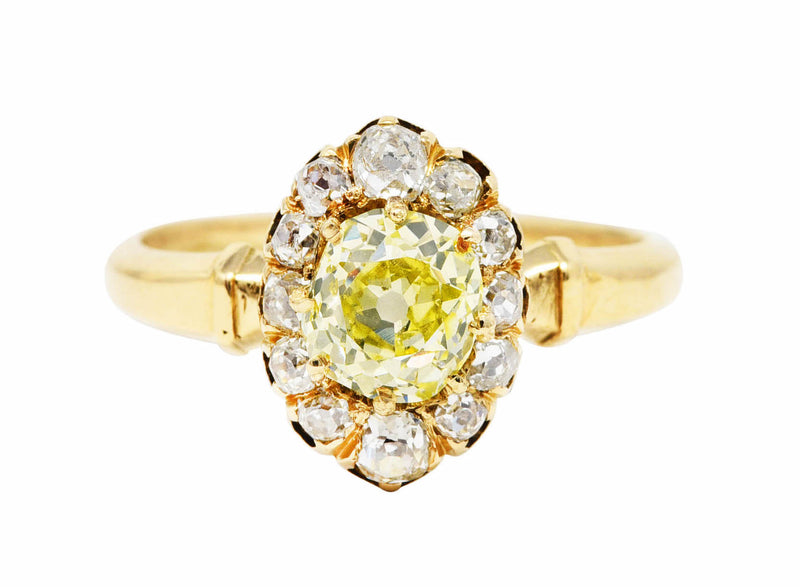 Victorian 1.20 CTW Fancy Yellow Colored Diamond 18 Karat Yellow Gold Antique Cluster Ring Wilson's Estate Jewelry