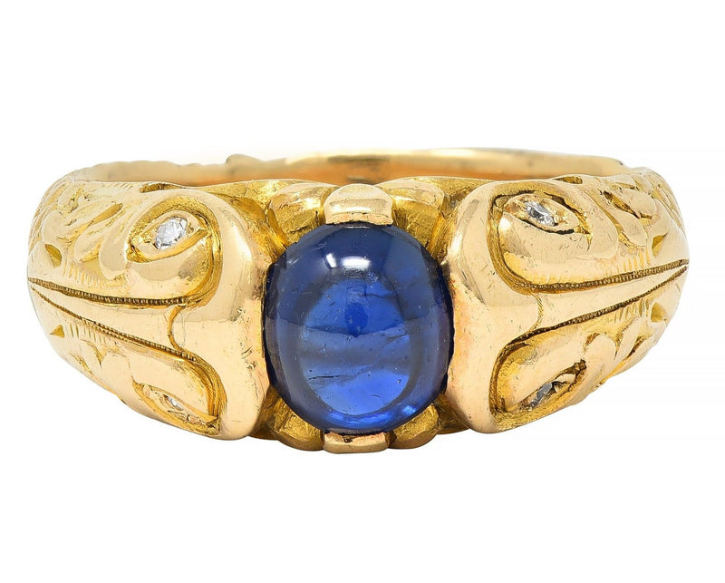 Art Nouveau Sapphire Cabochon Diamond 14 Karat Gold Koi Fish Unisex Antique Ring