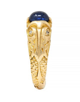 Art Nouveau Sapphire Cabochon Diamond 14 Karat Gold Koi Fish Unisex Antique Ring