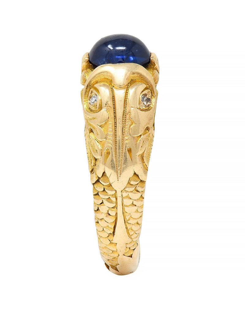 Art Nouveau Sapphire Cabochon Diamond 14 Karat Gold Koi Fish Unisex Antique Ring