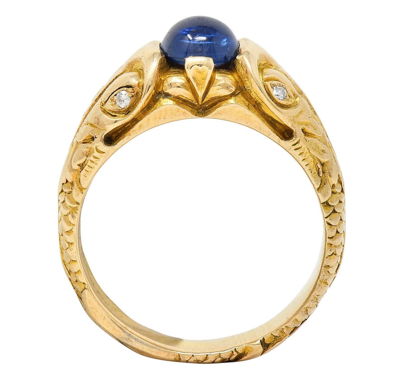 Art Nouveau Sapphire Cabochon Diamond 14 Karat Gold Koi Fish Unisex Antique Ring