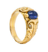 Art Nouveau Sapphire Cabochon Diamond 14 Karat Gold Koi Fish Unisex Antique Ring