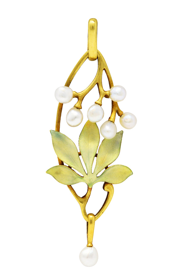 Art Nouveau Pearl Enamel 18 Karat Gold PendantNecklace - Wilson's Estate Jewelry