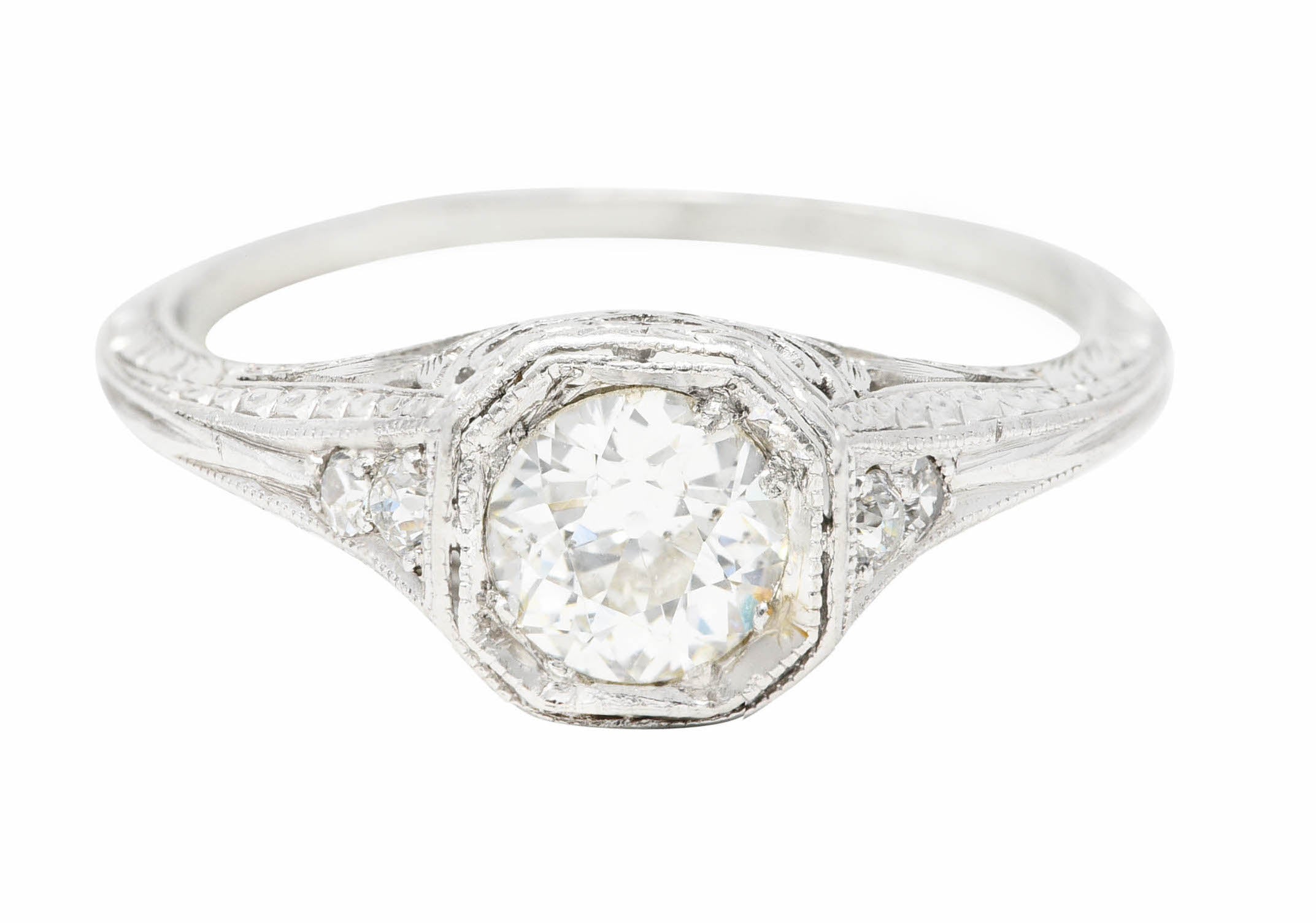 Art Deco Old European Cut Diamond Platinum Floral Antique Engagement Ring Wilson's Estate Jewelry