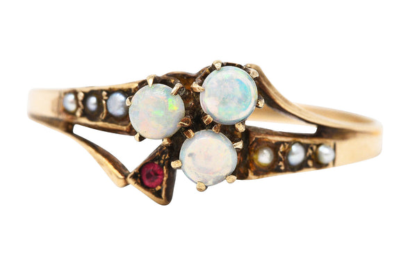 1890's Victorian Opal Ruby Seed Pearl 14 Karat Rose Gold Clover RingRing - Wilson's Estate Jewelry
