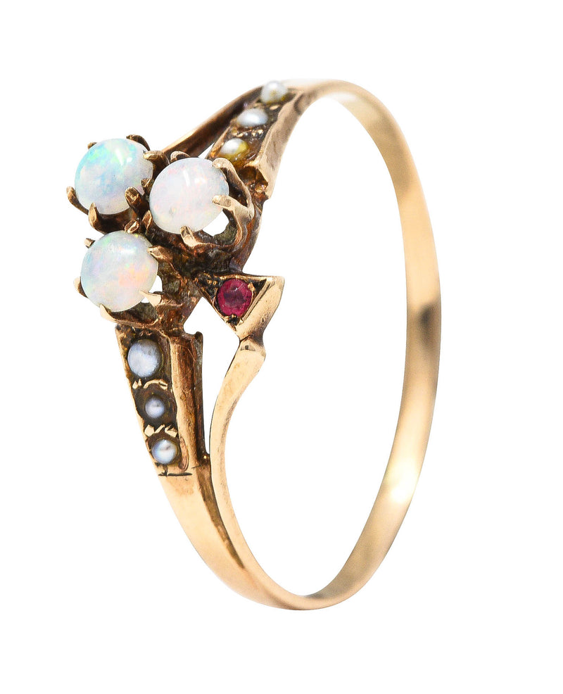 1890's Victorian Opal Ruby Seed Pearl 14 Karat Rose Gold Clover RingRing - Wilson's Estate Jewelry