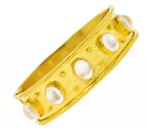 Elizabeth Locke Vintage Moonstone 19 Karat Yellow Gold Hammered Flat Wide Bangle Bracelet Wilson's Estate Jewelry