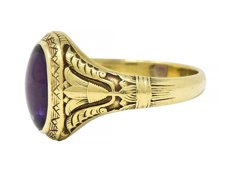 Jones & Woodland Art Nouveau Egyptian Revival Amethyst 14 Karat Gold Lotus Ring