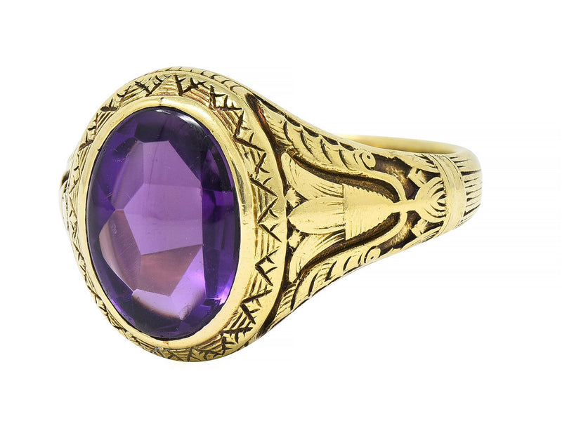 Jones & Woodland Art Nouveau Egyptian Revival Amethyst 14 Karat Gold Lotus Ring