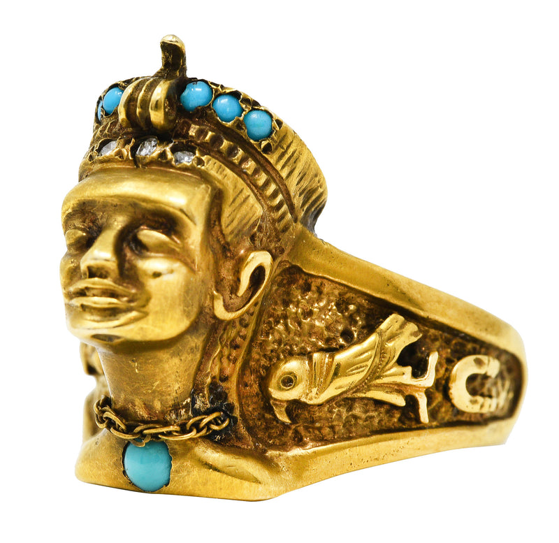 Vintage Egyptian Revival Diamond Turquoise 14 Karat Gold Nefertiti Hieroglyph Unisex Ring Wilson's Estate Jewelry