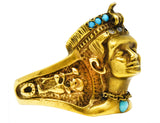 Vintage Egyptian Revival Diamond Turquoise 14 Karat Gold Nefertiti Hieroglyph Unisex Ring Wilson's Estate Jewelry