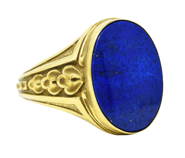 Art Deco Lapis Lazuli 14 Karat Green Gold Unisex Foliate Signet Ring Wilson's Estate Jewelry