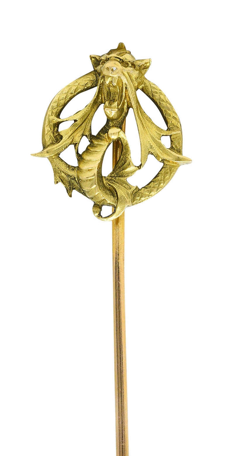 French Art Nouveau 18 Karat Green Gold Serpent Dragon StickpinStick Pin - Wilson's Estate Jewelry