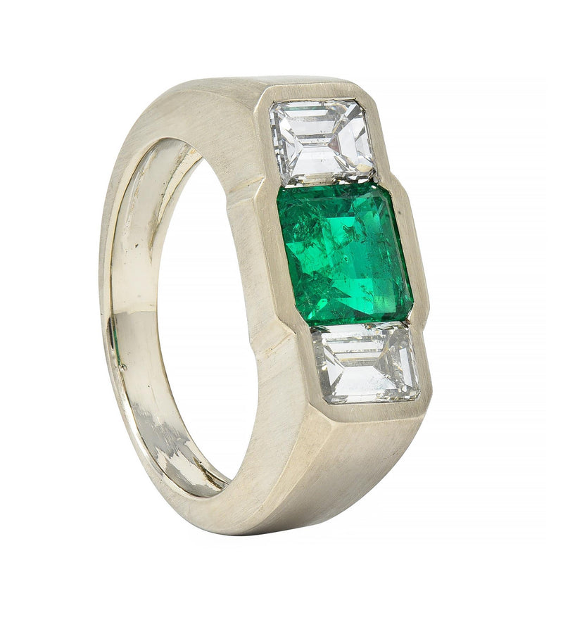 3.79 CTW Colombian Emerald Diamond 14 Karat White Gold Men's Unisex Ring GIA