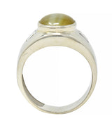 1960's Cat's Eye Chrysoberyl Diamond 14 Karat White Gold Three Stone Ring