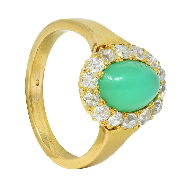 Modernist Chrysoprase Diamond 18 Karat Yellow Gold Vintage Halo Ring