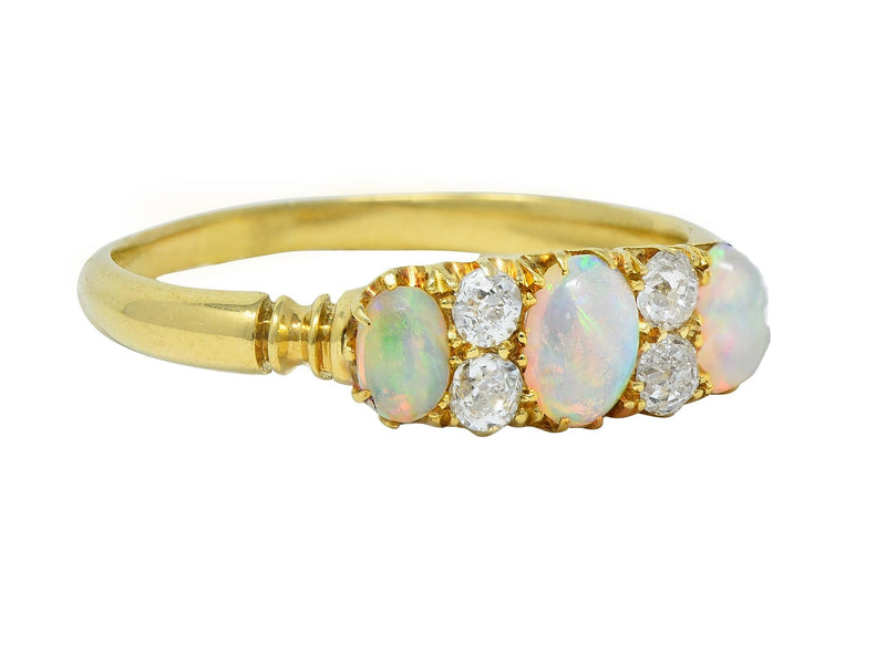 Victorian Opal Diamond 18 Karat Yellow Gold Antique Gemstone Band Ring