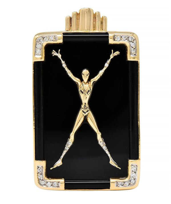 Erté 14 Karat Yellow Gold Diamond Onyx Alien "X" Alphabet 9 Brooch