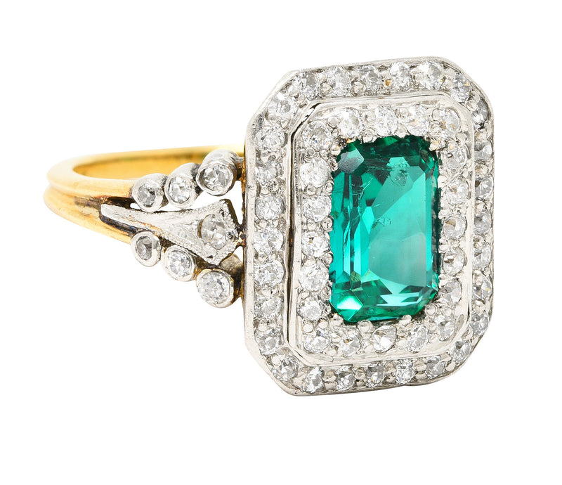 Tiffany & Co. Edwardian 2.12 CTW Colombian Emerald Diamond Platinum-Topped 18 Karat Yellow Gold Antique Double Halo Ring AGL Wilson's Estate Jewelry