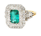 Tiffany & Co. Edwardian 2.12 CTW Colombian Emerald Diamond Platinum-Topped 18 Karat Yellow Gold Antique Double Halo Ring AGL Wilson's Estate Jewelry