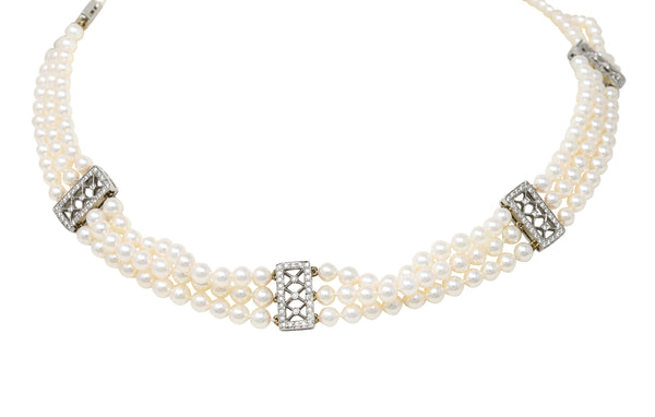 Tiffany & Co. Diamond Pearl Platinum Voile Three Strand Station Collar Necklace Wilson's Estate Jewelry