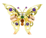 Retro Diamond Amethyst Tourmaline Citrine Ruby Tri-Colored 14 Karat Gold Scrolling Butterfly Vintage Brooch Wilson's Estate Jewelry