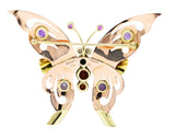 Retro Diamond Amethyst Tourmaline Citrine Ruby Tri-Colored 14 Karat Gold Scrolling Butterfly Vintage Brooch Wilson's Estate Jewelry
