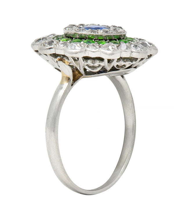 Art Deco 2.15 CTW Sapphire Demantoid Garnet Diamond Platinum Triple Halo Ring