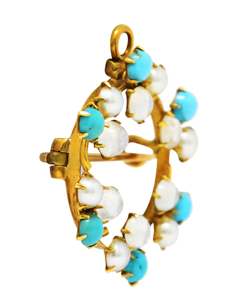 Victorian Pearl Moonstone Turquoise Clover 14 Karat Yellow Gold Wreath Pendant Brooch Wilson's Estate Jewelry