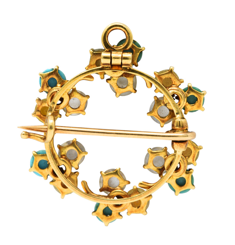 Victorian Pearl Moonstone Turquoise Clover 14 Karat Yellow Gold Wreath Pendant Brooch Wilson's Estate Jewelry
