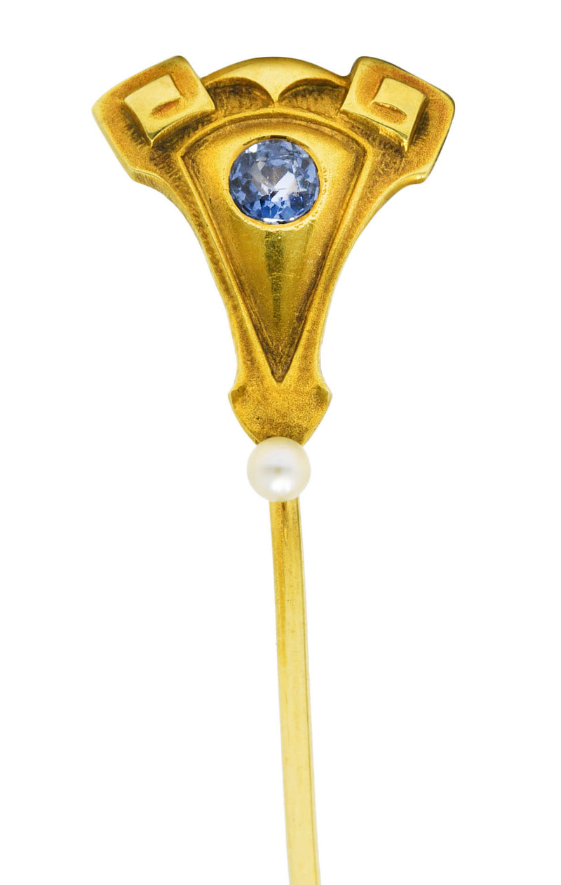 Art Nouveau Hagerstrom & Son Sapphire Pearl 14 Karat Yellow Gold Greek Shield Stickpin Wilson's Estate Jewelry