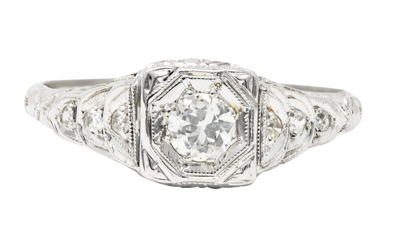 Art Deco 0.26 CTW Old European Cut Diamond 18 Karat White Gold Stepped Orange Blossom Engagement Ring Wilson's Estate Jewelry
