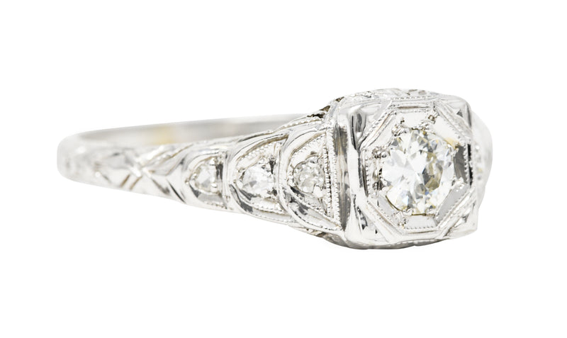 Art Deco 0.26 CTW Old European Cut Diamond 18 Karat White Gold Stepped Orange Blossom Engagement Ring Wilson's Estate Jewelry