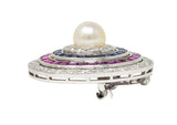 Art Deco 5.84 CTW Diamond Sapphire Ruby Pearl Circle Platinum Pendant Brooch