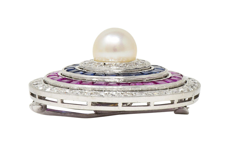 Art Deco 5.84 CTW Diamond Sapphire Ruby Pearl Circle Platinum Pendant Brooch