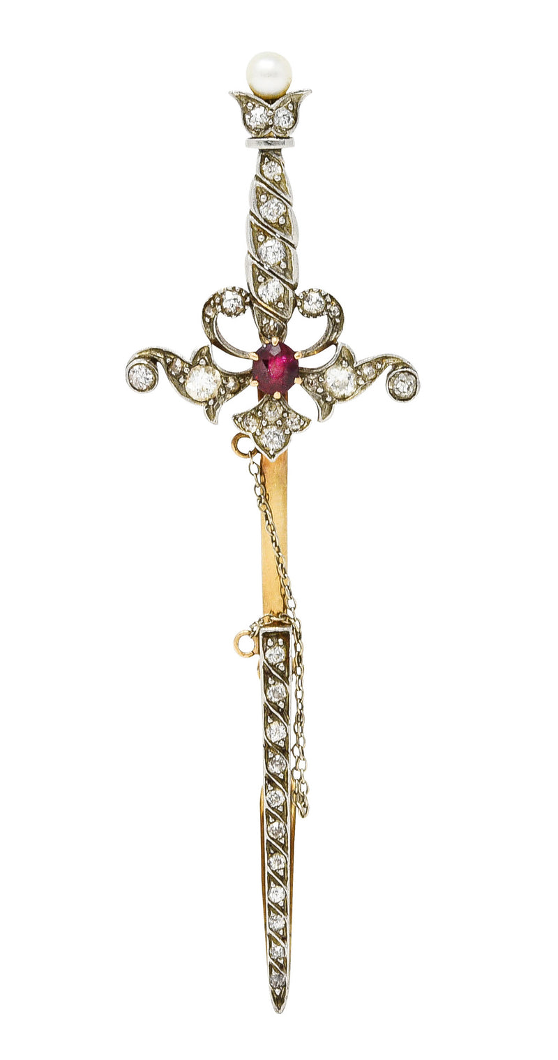 Edwardian Ruby Diamond Platinum-Topped 18 Karat Yellow Gold Sword Pendant Jabot Brooch Wilson's Estate Jewelry