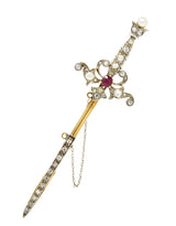 Edwardian Ruby Diamond Platinum-Topped 18 Karat Yellow Gold Sword Pendant Jabot Brooch Wilson's Estate Jewelry