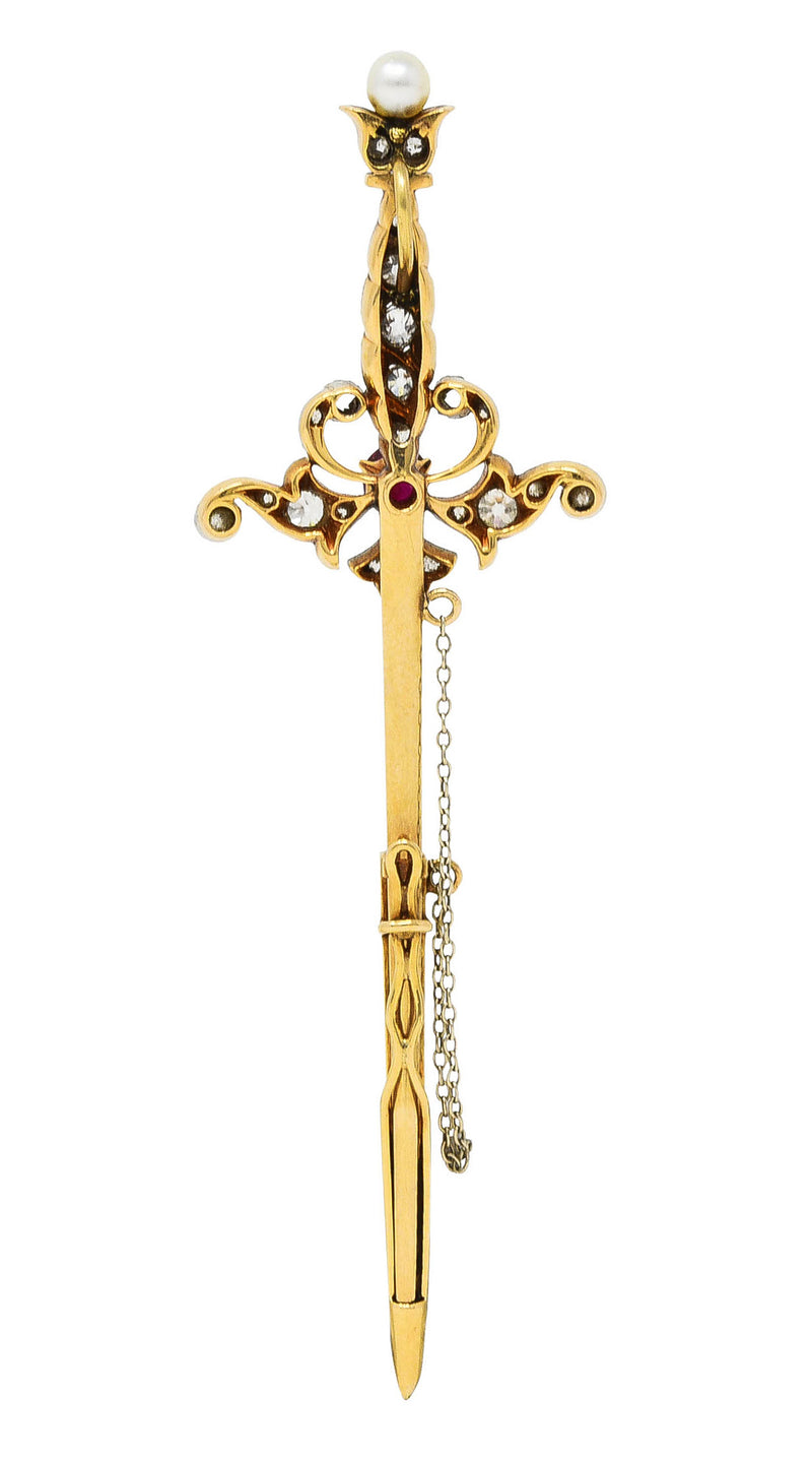Edwardian Ruby Diamond Platinum-Topped 18 Karat Yellow Gold Sword Pendant Jabot Brooch Wilson's Estate Jewelry