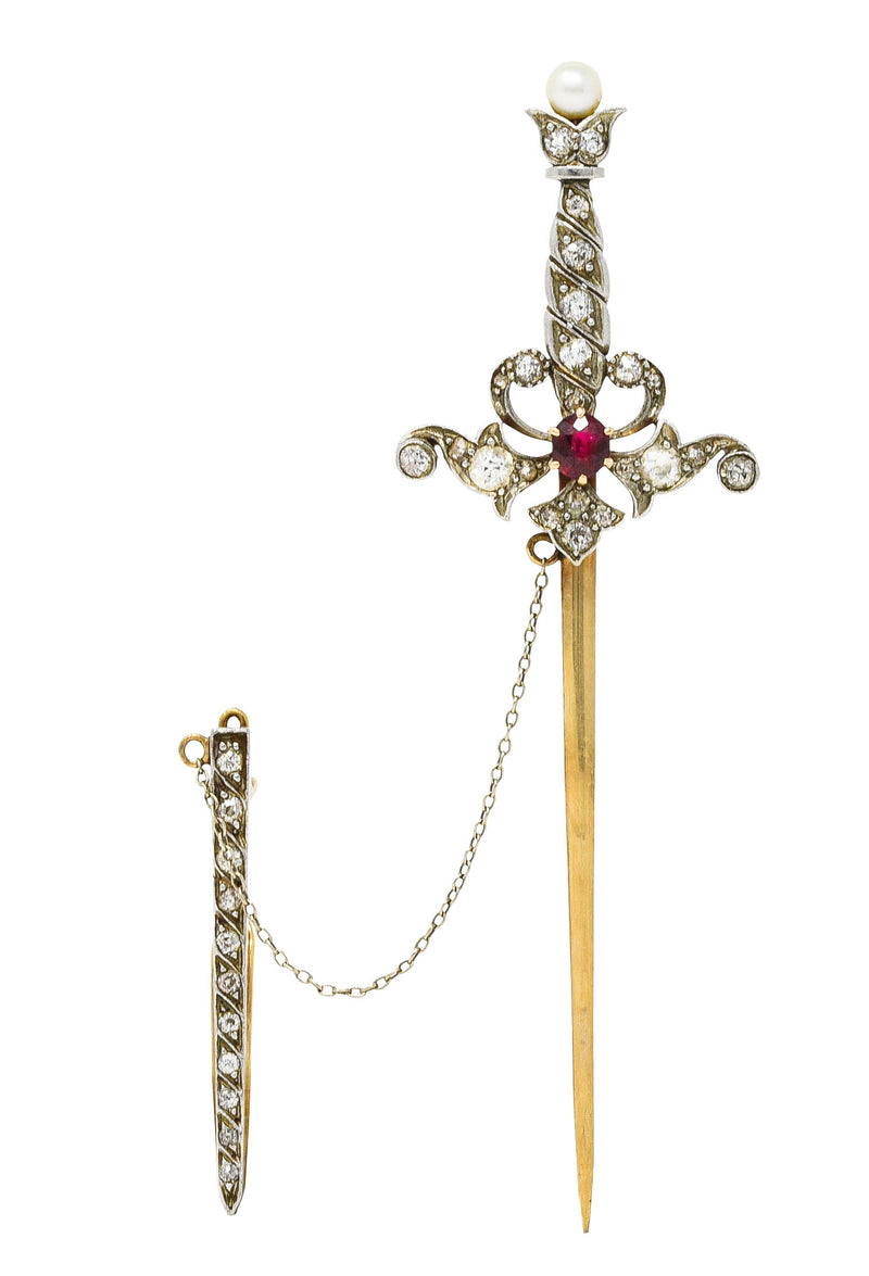 Edwardian Ruby Diamond Platinum-Topped 18 Karat Yellow Gold Sword Pendant Jabot Brooch Wilson's Estate Jewelry